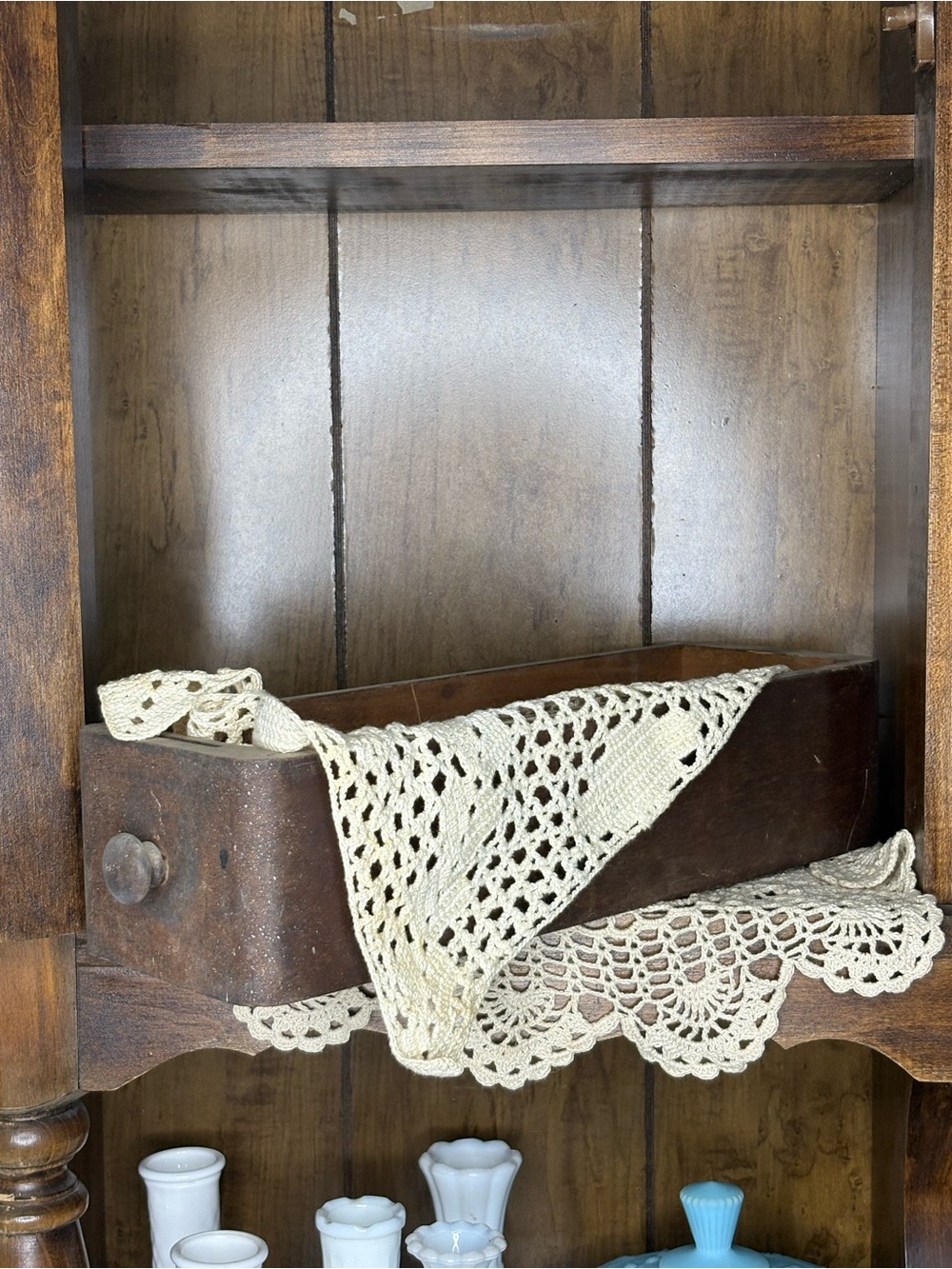 Wooden Drawer Tray with Cream Crochet Doily